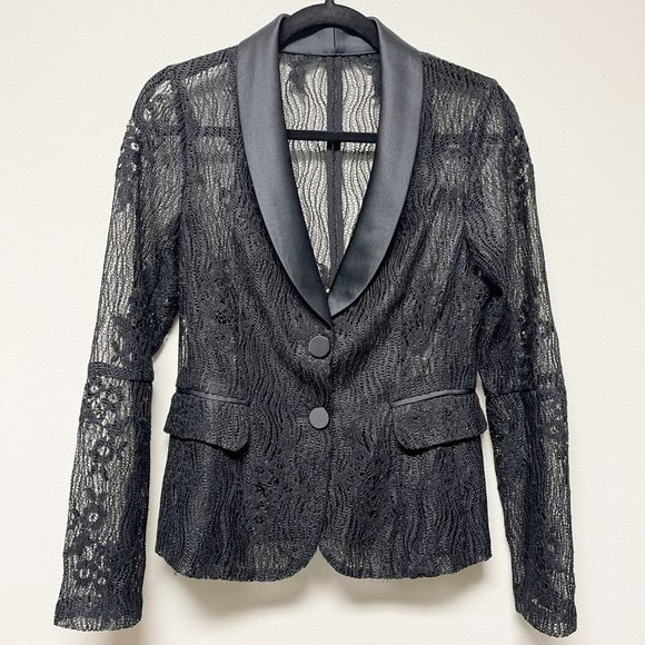 Alexis Jackets & Blazers - ALEXIS Luella Black Lace Satin Lapel Two Button Blazer in Midnight Size S